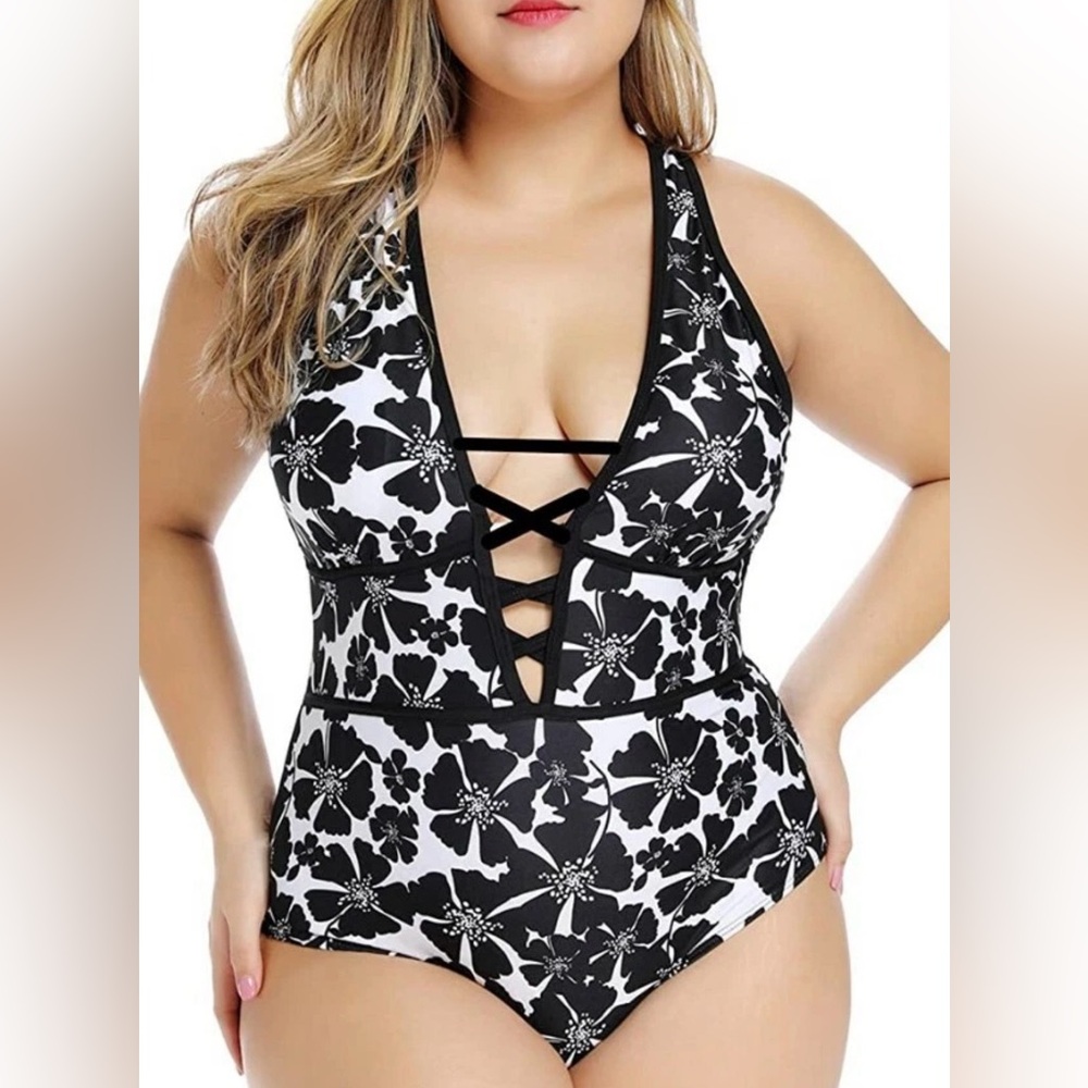 Black & White Floral Plunge One-Piece Swimsuit